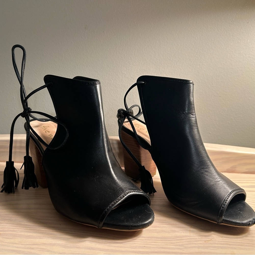 Five Worlds black open-back peep-toe block heels with lace up ankle straps